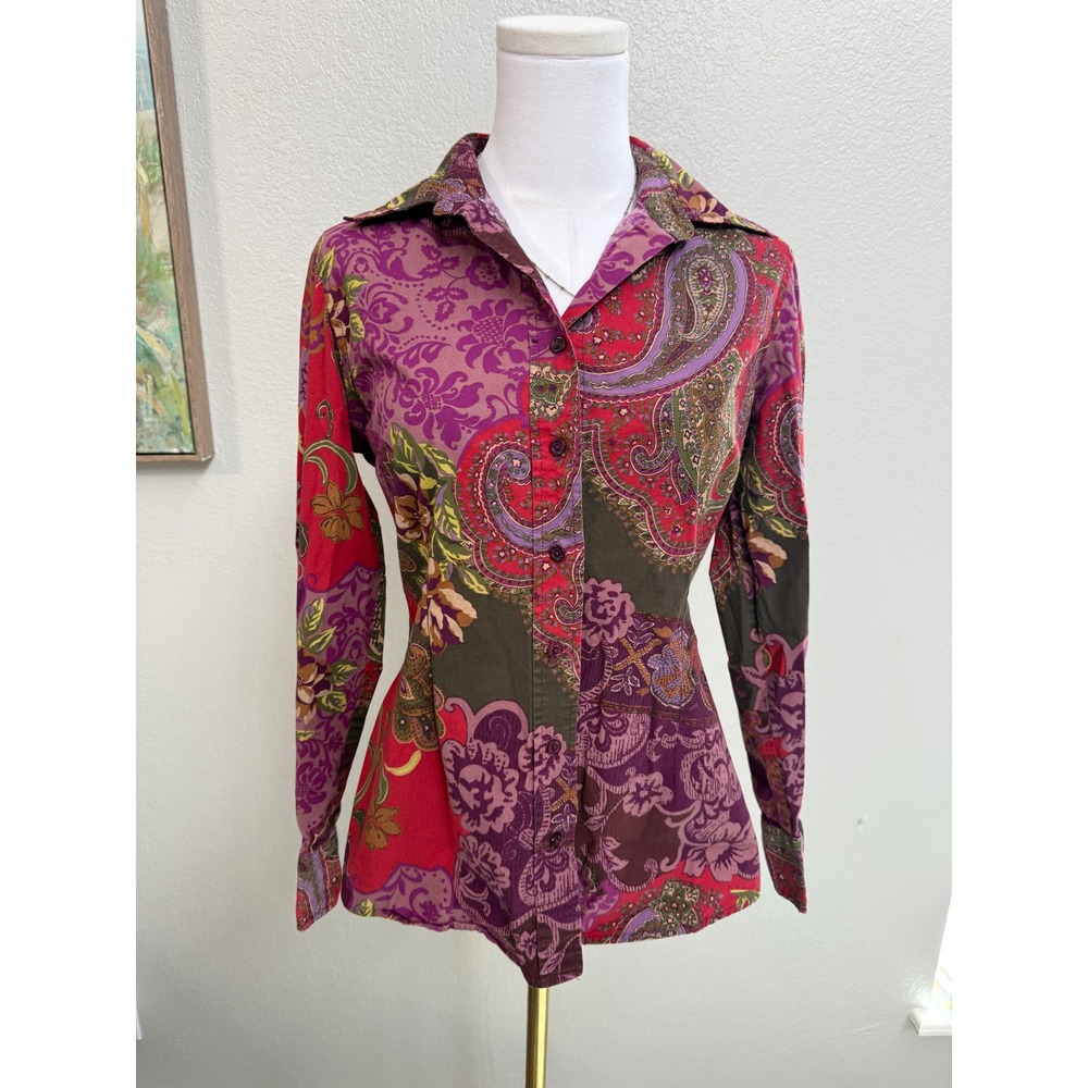 Paisley Patchwork Button Down Shirt Purple Red Floral
